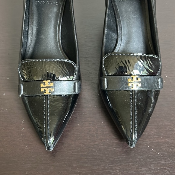Tory Burch Eliza Pumps Black Kitten Heels Leather Point Toe Career Designer Sz 5 - Picture 3 of 10